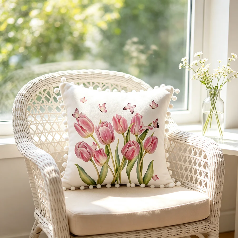 1PC Fragrant Flower Shadow Print Pillow Cover Pom Pom Tassel Elegant Decorative Throw Pillow Sofa Couch Bedroom Home Decor