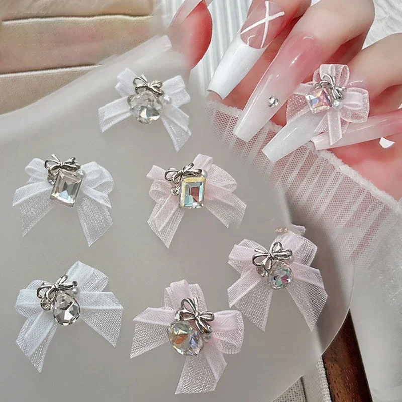 5PCS Nails Art Rhinestones Charms Shiny Jewelry 3D White Pink Bowknot Organza Nail Decorations Accessories Manicure Supplies