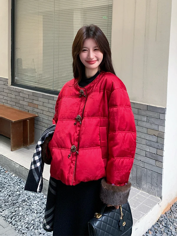 신상 중국산 슬레 티엔드 레드 브레드 다운 자켓 여성용 겨울 코트 화이트 다운 따뜻한 아우터웨어 캐주얼 패션