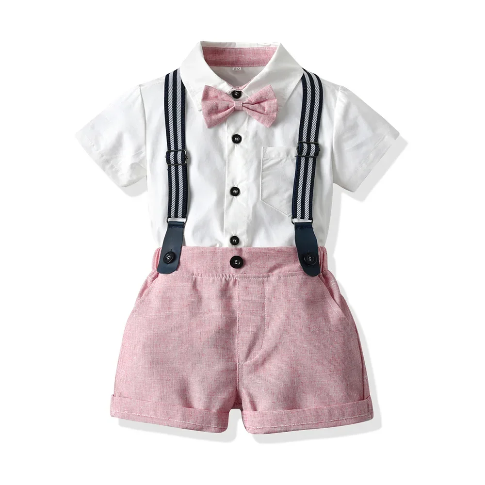 Conjunto de camisa de manga curta infantil e calções de gravata borboleta, roupa de lapela cerimonial menino, vestido elegante, verão