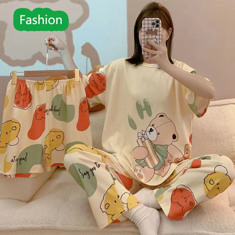 Three Piece Bear & Cow Patterned Casual Women Pajamas Young Girls Floral Colorful Sleepwear Round Neck Loungewear Cute Homewear