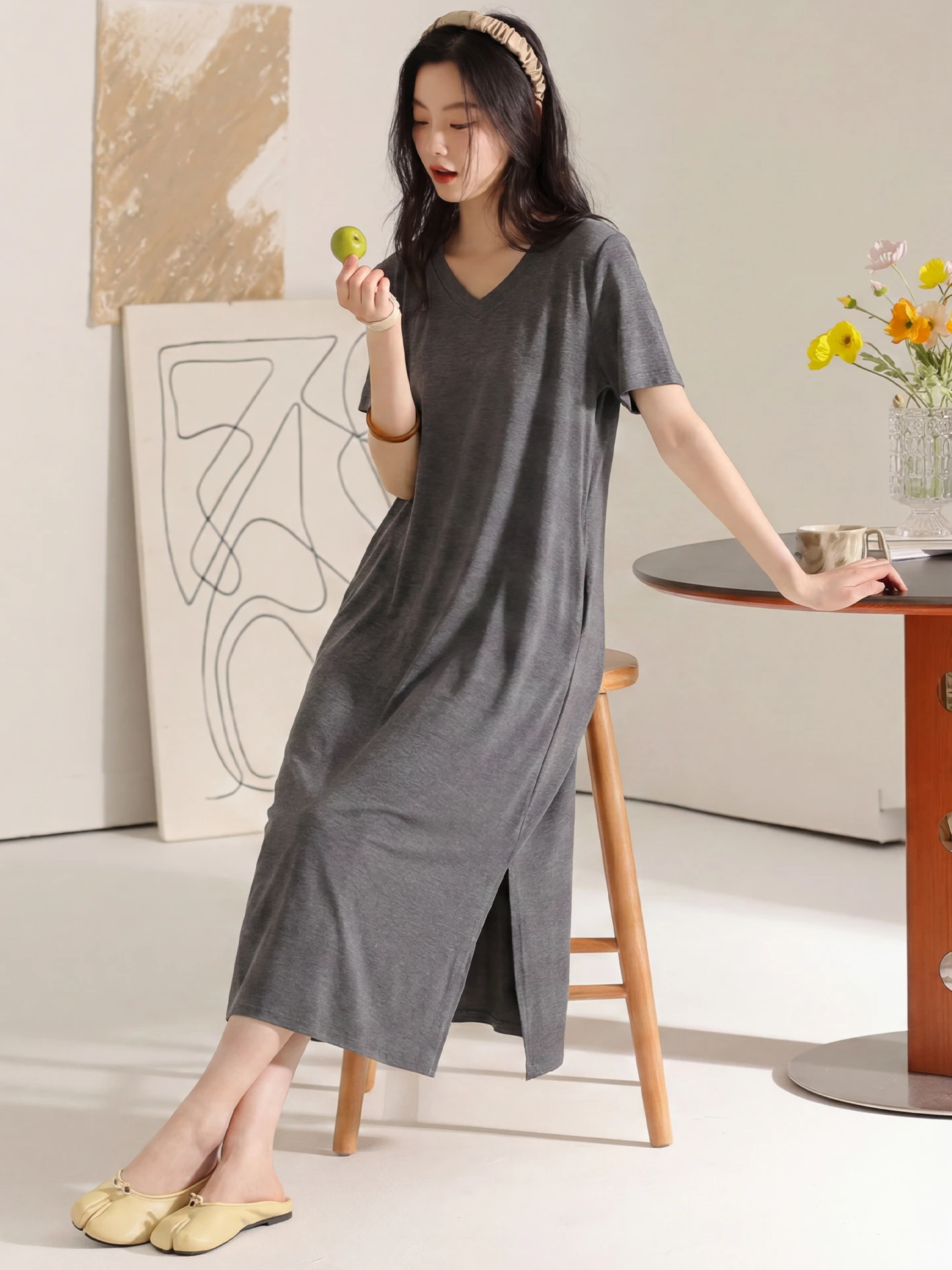 Korean Style Modal Sleep Dress Women's Summer Thin Short Sleeve V-Neck Simple Home Clothes Can Be Worn outside with Chest Pad