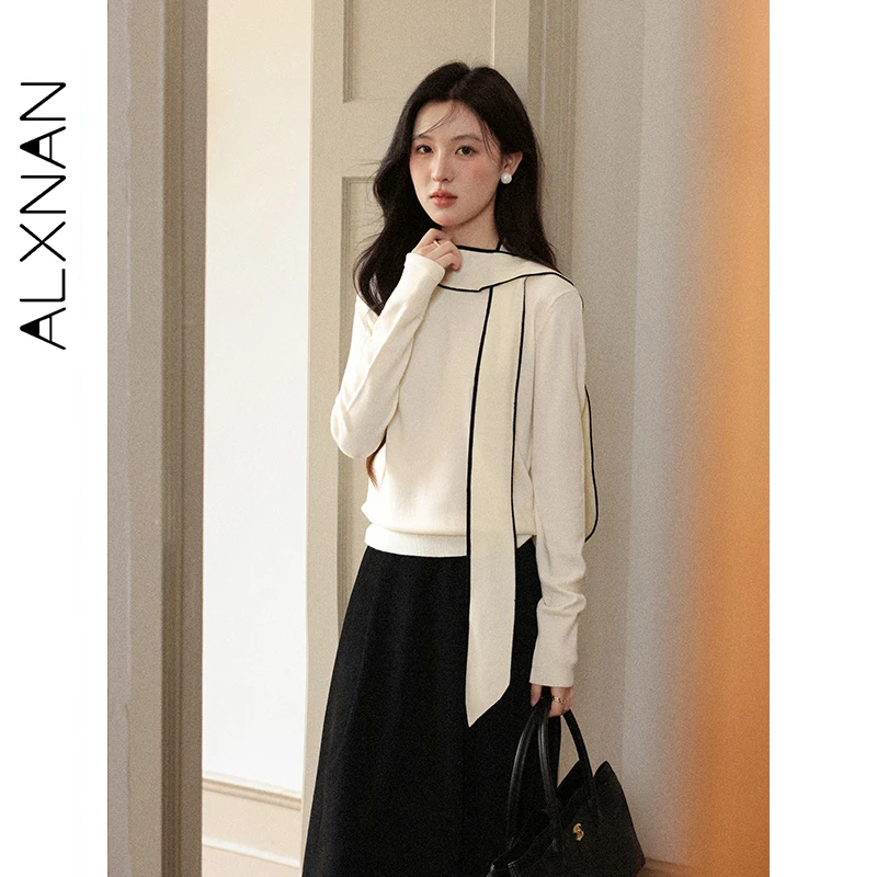 

ALXNAN Apricot Knit Sweater New Autumn Neck Tie Black Contrast Panel Elastic Hem Casual Commuter Versatile Women's Top L57312