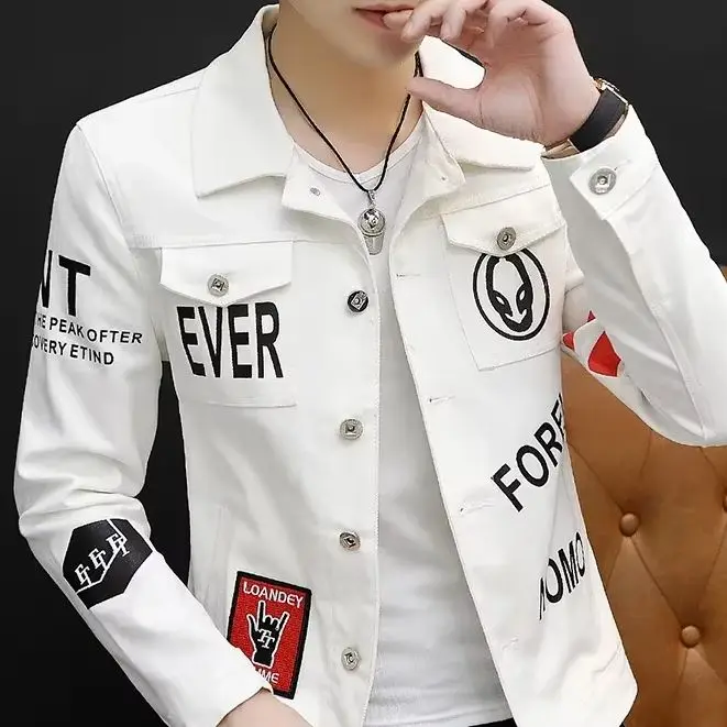 spring autumn New Men's Casual Cotton Denim Jacket Classic Style Fashion Slim Washed Retro Letter printing Jean Casual Coats