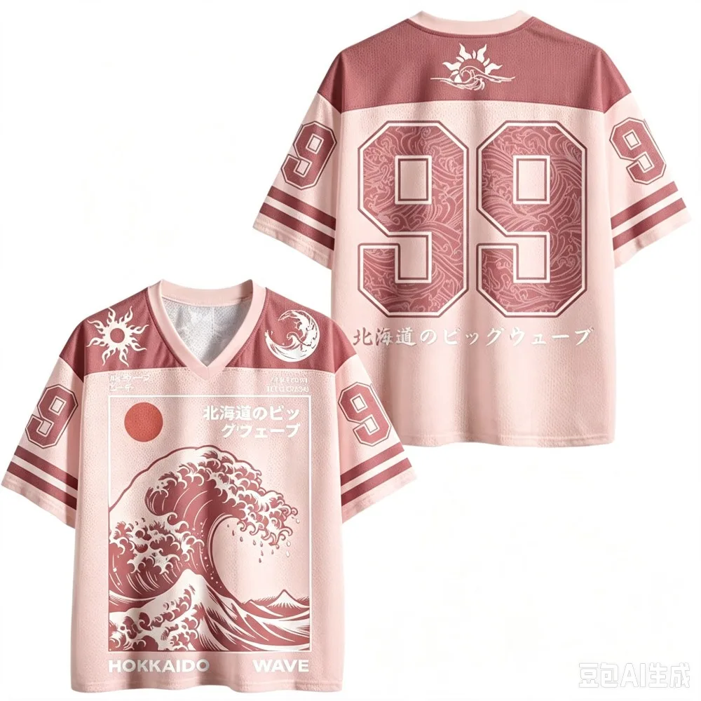 New Japanese Harajuku Style Great Wave Graphic & No.99 Printed Mesh V‑Neck T‑shirt Breathable Short Sleeve Tees for Adult & Kids - view 4