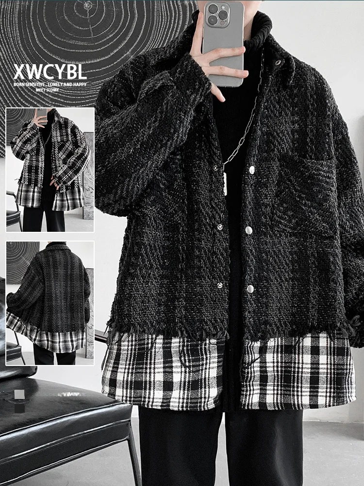 Casual Plaid Knitted Jacket for Men Trendy Brand Ins Design Sense Small Audience Outerwear Long Sleeve Loose Fit Autumn Winter