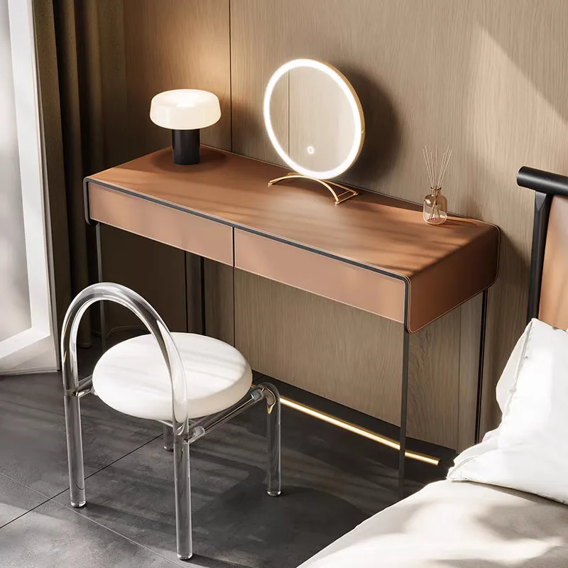 

Saddle leather new French solid wood dressing table light luxury makeup mirror integrated makeup table cream style bedroom