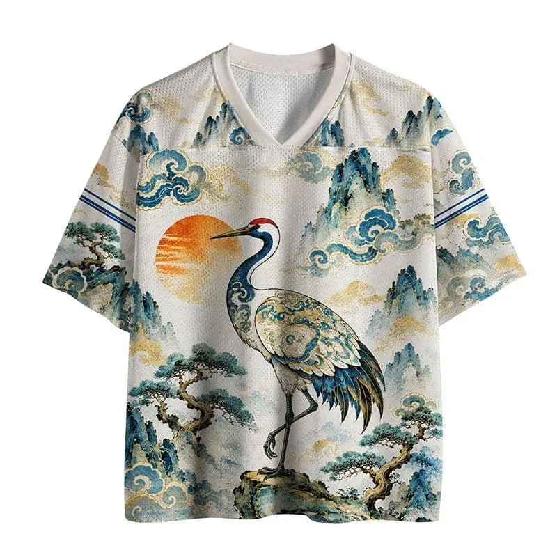 2026 Popular V-neck Mesh T-shirt with Fun Printed Short Sleeved T-shirt, Retro Streetwear, Loose Oversized Sports Mesh T-shirt