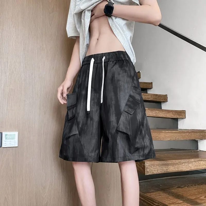 2026 Summer New Design Men's Tie-Dye Patched Fake Pockets Silk Shorts with Five-Piece Pants