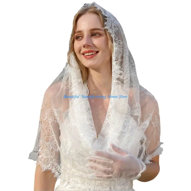 

E56A Lace Head Covering Tulle Hijab Veil Women Church Headwear Fashion Essential