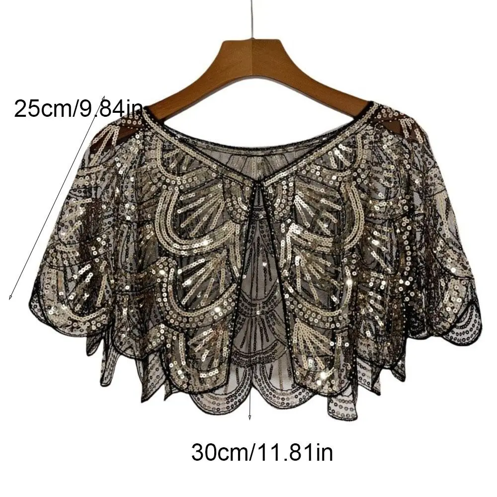 موضة كشكش الترتر المعطف معطف Blingbling شبكة قصيرة الرأس 1920s موضوع قصير كيب الزعنفة شال ملابس خارجية