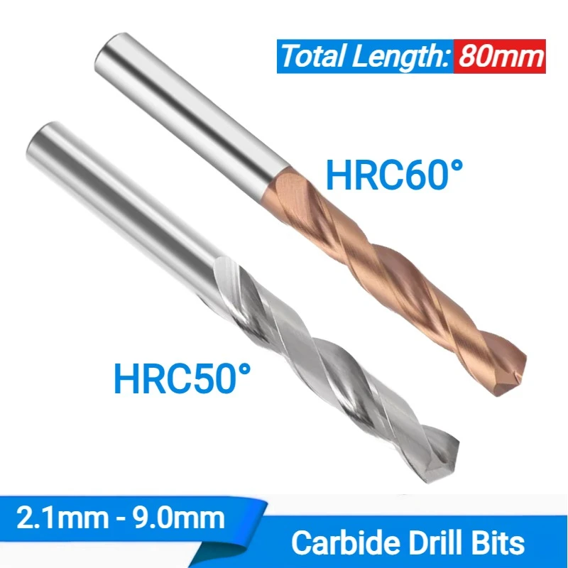 80mm Total Length Carbide Drill Bits, HRC50–60, for Hard Metal CNC Machining, Tungsten Steel Metal Drills, 2.1–10mm Dia