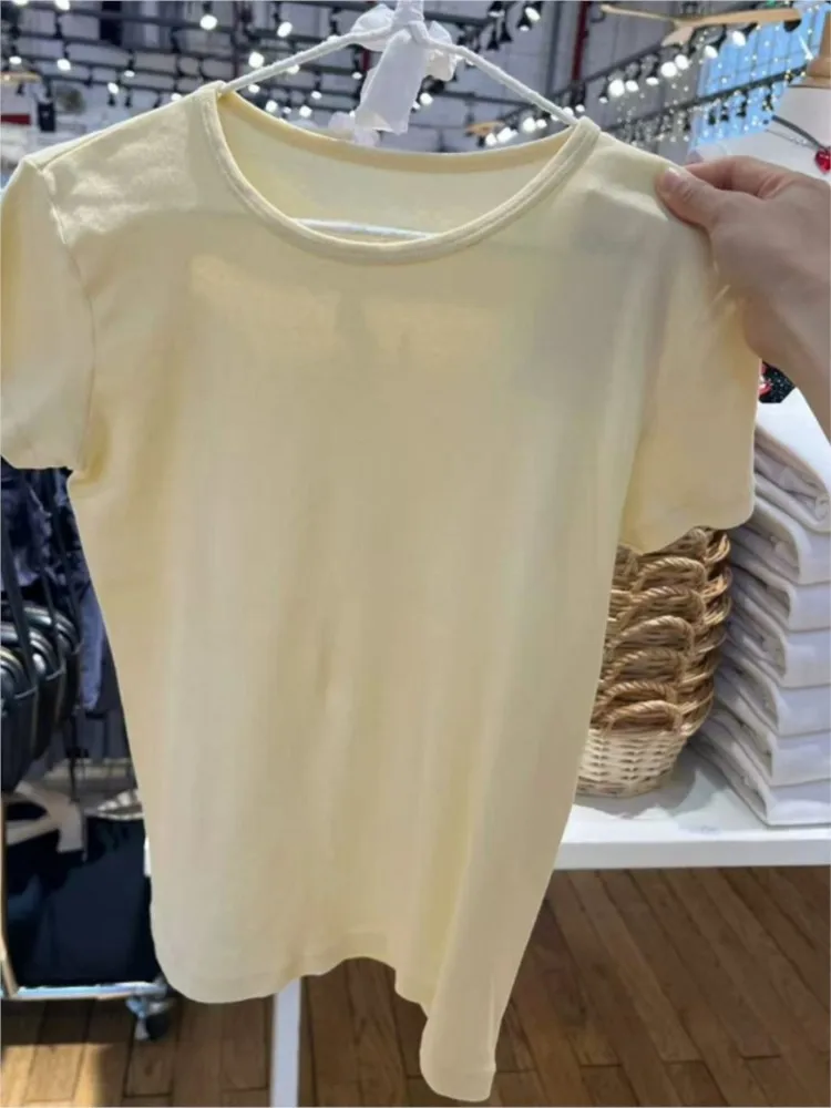 

Butter Yellow Basic Slim T-shirt Women Casual All-match Round Neck Short Sleeve Cotton Tee Tops Sweet Simple Basic Tshirt Top