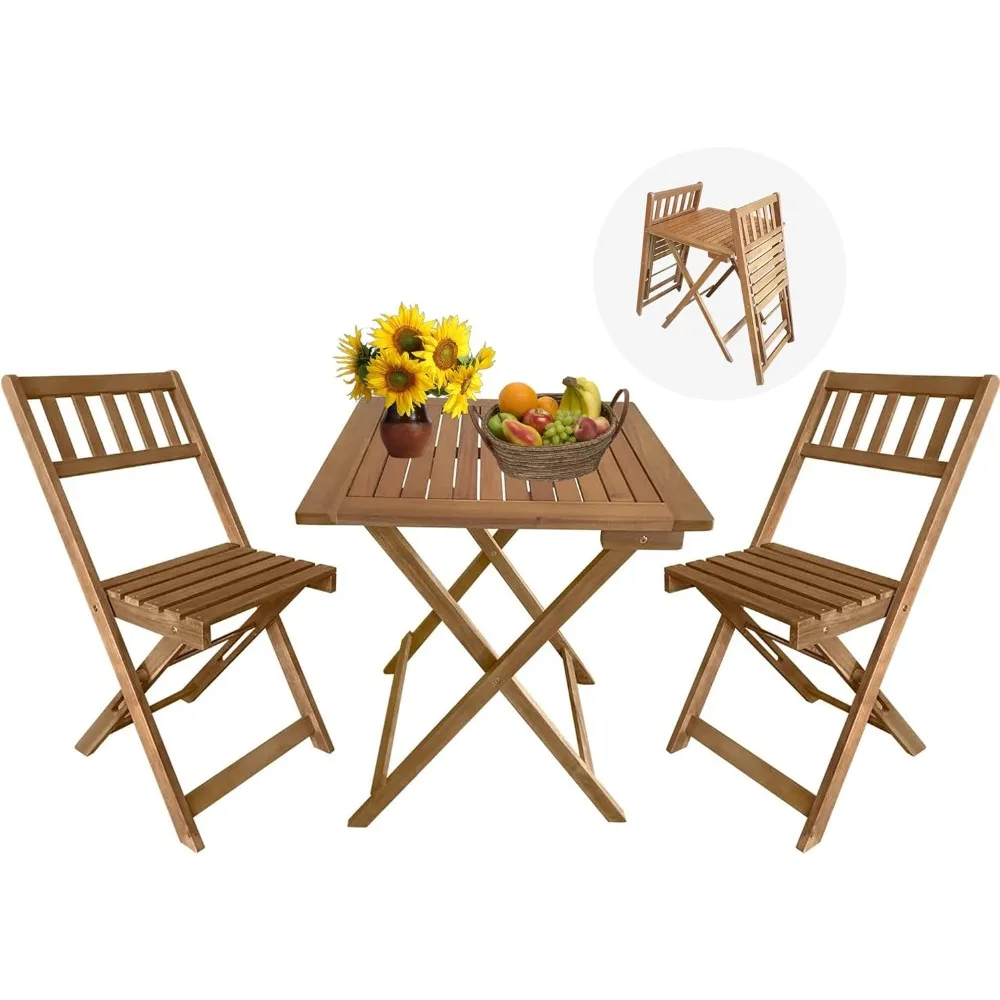 

Patio Bistro Set 3-Piece Outdoor Patio Furniture Sets Folding Table and Chairs Acacia Wood Bistro Set Balcony Cafe Table Square