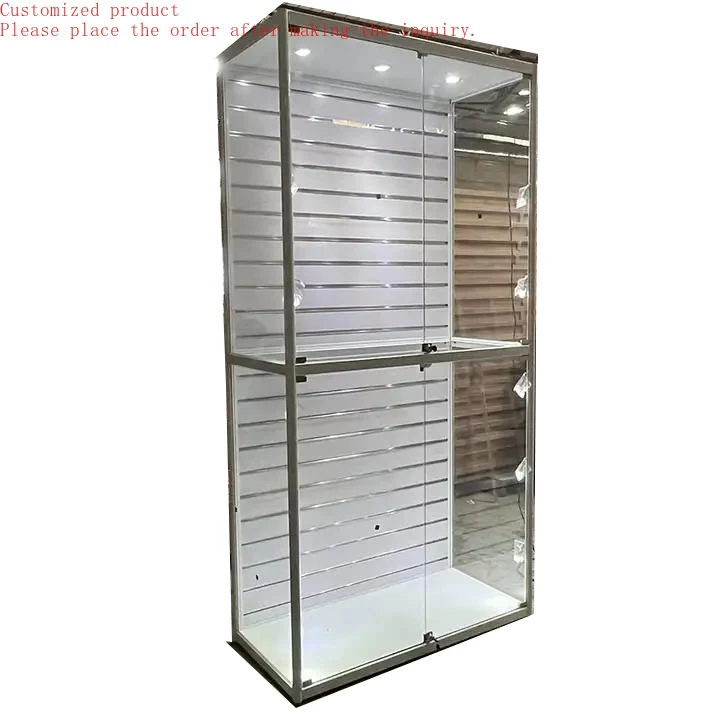 

Custom.Guangzhou Factory Illumination Design Silver Metal Frame Glass Tall Display Cabinet with Slat Wall Backing for Hanging Ho