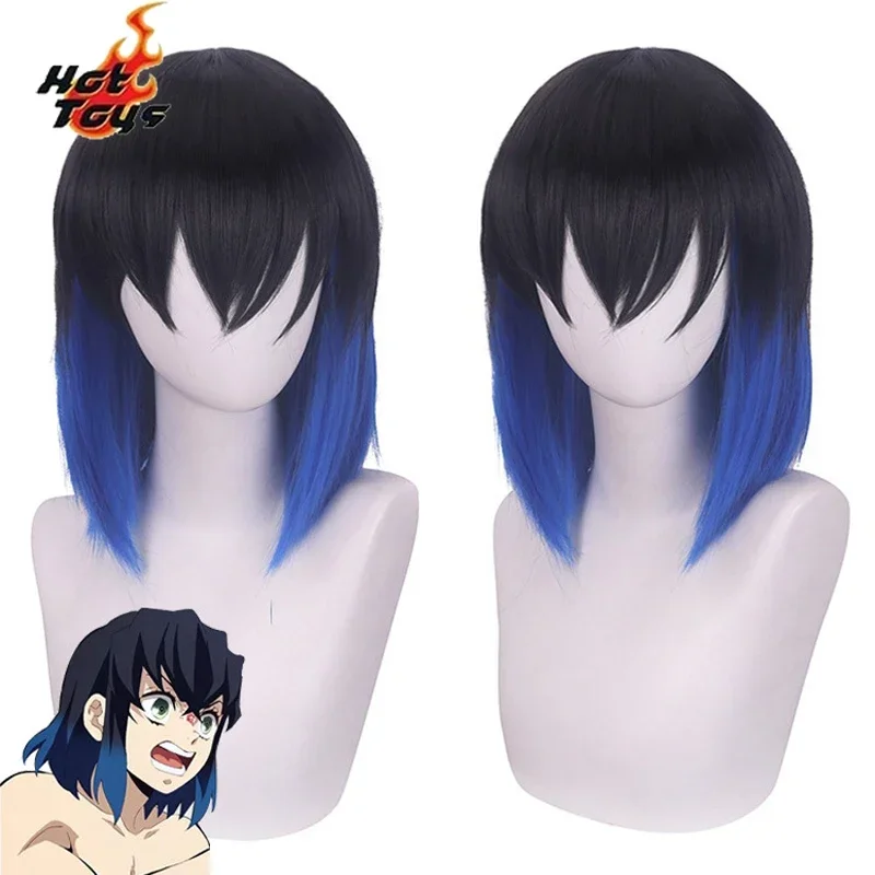 Hashibira inosuke kurze blaue ombre perücke kimetsu no yaiba hitze beständige haar cosplay kostüm perücken