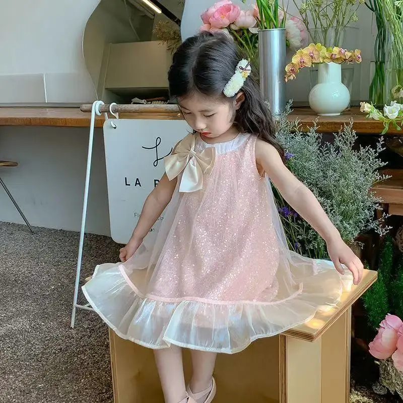 

Baby Girls Dress Summer 2026 New Children's Sleeveless Strap Princess Dress Little Girls' Pink Bow Dress 90-140CM