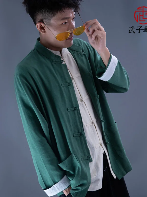 Chinese Traditional Tang Suit Hanfu Kimono Shirt Solid Color Men's Cardigan Cheongsam Collar Casual Jacket Retro Button Top