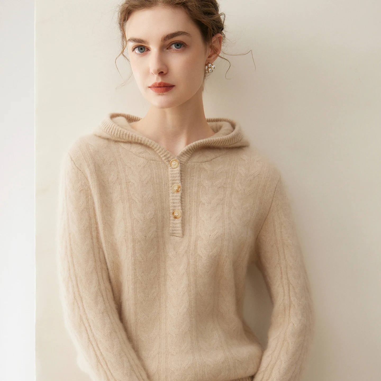 100% percent pure cashmere hooded jacquard pullover sweater winter warm breathable office knitted base layer top women commute..