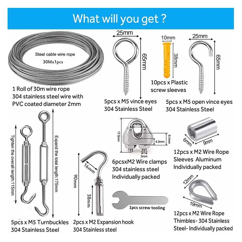 *ABKM Turnbuckles for Cables Wire Trellis Kit, Wire Rope Kit for Wire Curtain Hanging System,String Light Hanging Kit