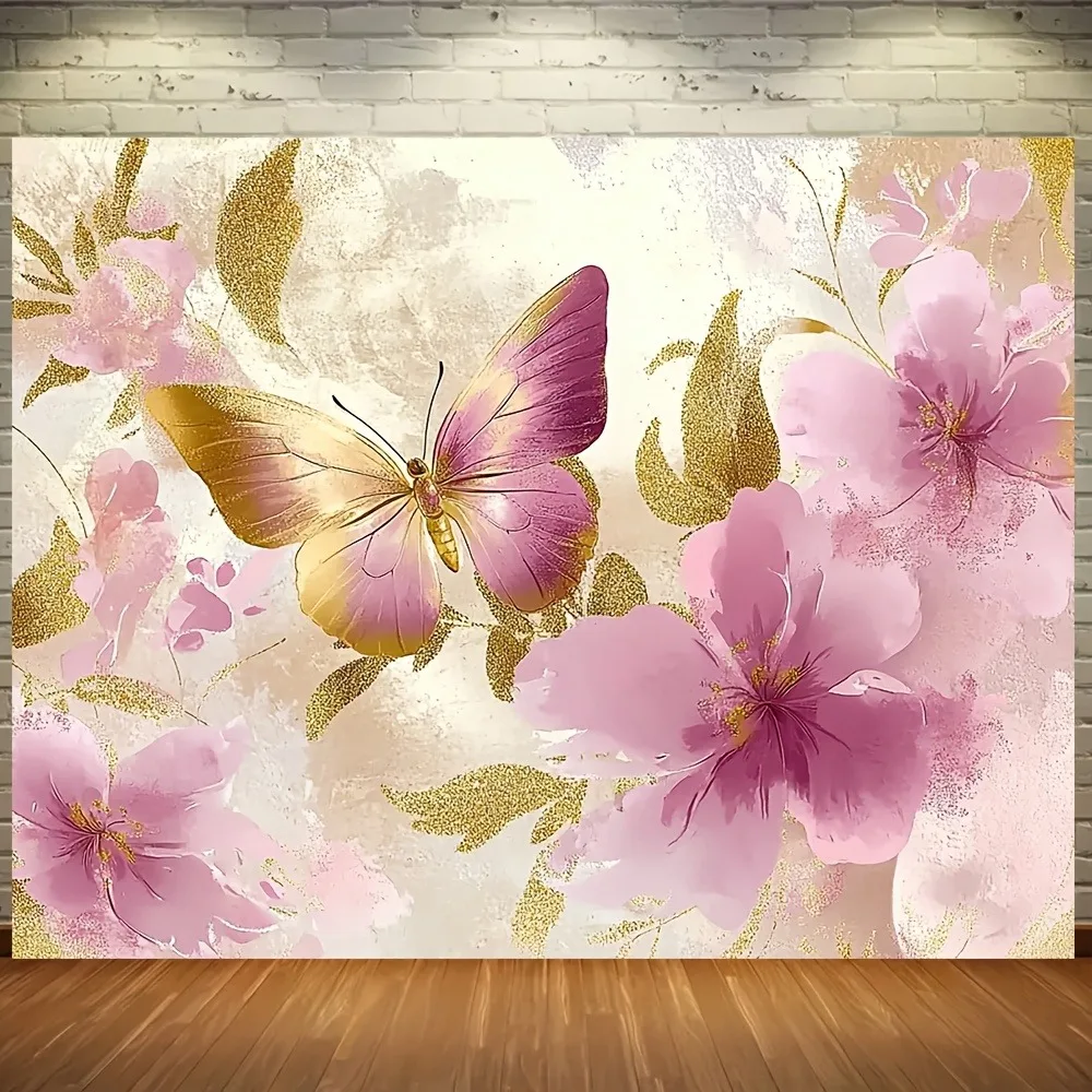 

Румяно-розовый и золотой цветочный гобелен с бабочкой: роскошный акварельный узор, элегантный романтический настенный декор для спальни, гостиной