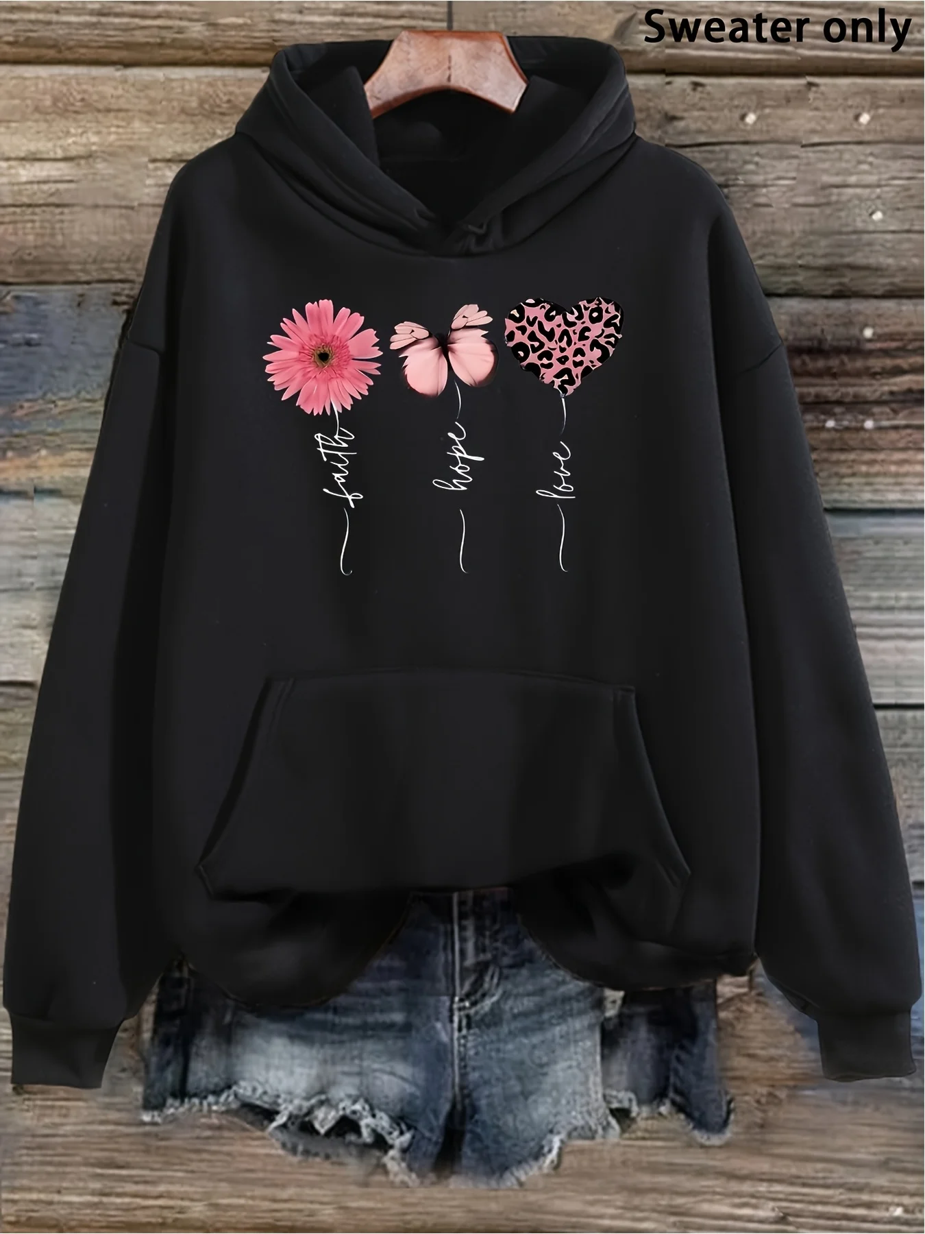 Plus Size, Women' Oversized Hooded with Pink Gerbera Daisy & Faith Hope Love Print Hoodie - Cozy Kangaroo Pocket Pullover, Long Sleeve Casual Winter Wear, Machine Washable Suitable for Fall and Winter Daily Outfits