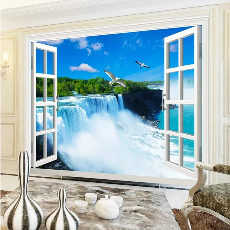 

Custom Photo Wallpaper 3D Window Waterfalls Landscape Nature Murals Wall Cloth Living Room Bedroom Backdrop Wall Papel De Parede