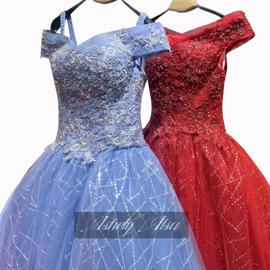 Ashey Alsa-Vestido De quinceañera azul marino con cuentas De lujo, Apliques De encaje sin hombros, Vestido dulce 16, vestidos De graduación De 15 años