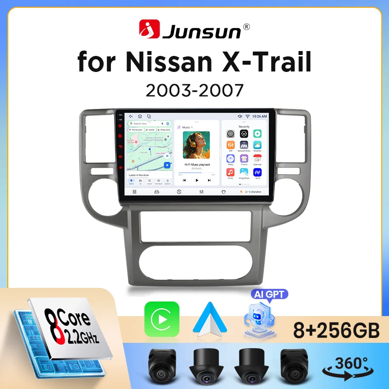 Image of Junsun Wireless CarPlay Android Auto Autoradio für Nissan X-Trail Mk1 (T30) 2000-2007 mit integriertem Lüfter, Android GPS-Navigation, Multimedia-Player, WiFi, DSP, RDS, BT, SWC, IPS-Touchscreen,