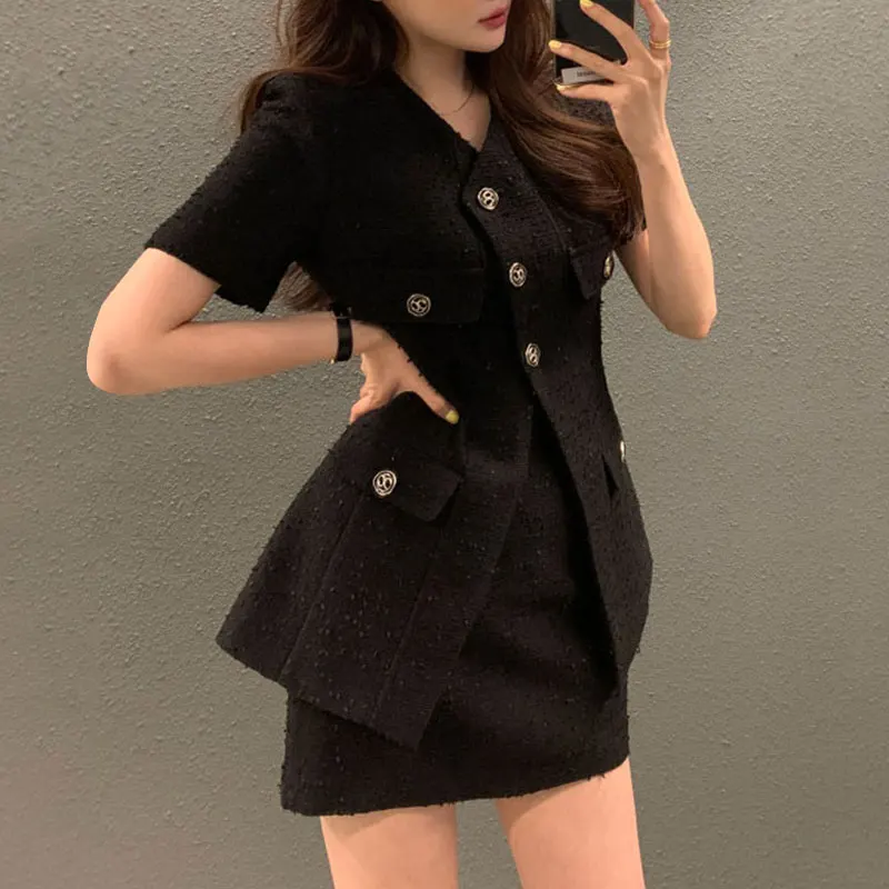 Elegant V-neck Single-breasted Textured Pocket Decoration Short Coat+high Waist Pocket Hip Skirt 2024 Summer Korean Chic Coats