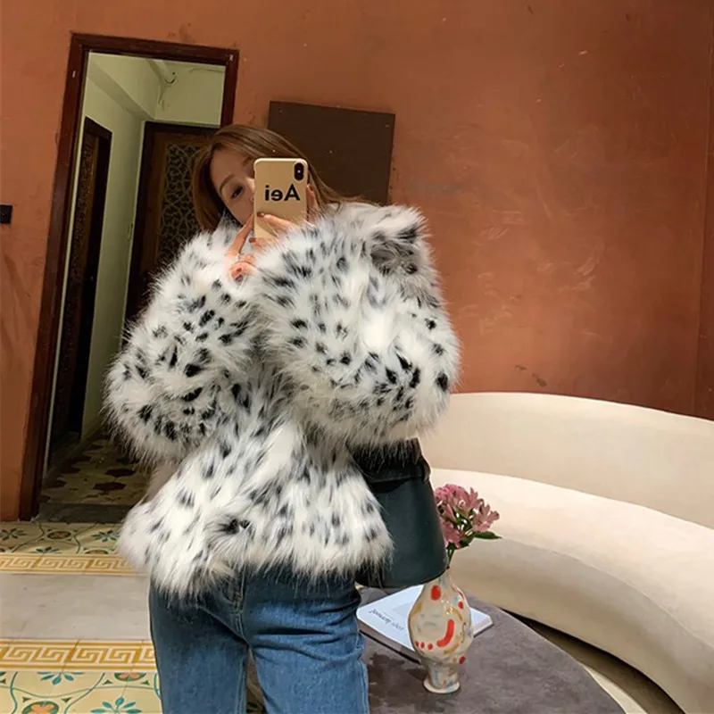 2022 Autumn and Winter New Spotted Leopard Print Imitation Fur Coat Female Fox Fur Short Style Young Temperament Plush Coat