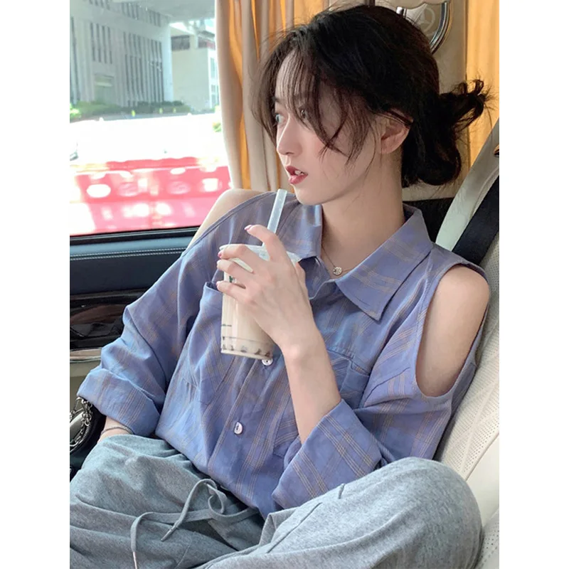 

Korean Brand Women's Long Sve Plaid irt Spring Autumn Design oulder Bared Unique Chic Top Korean Sle Collar