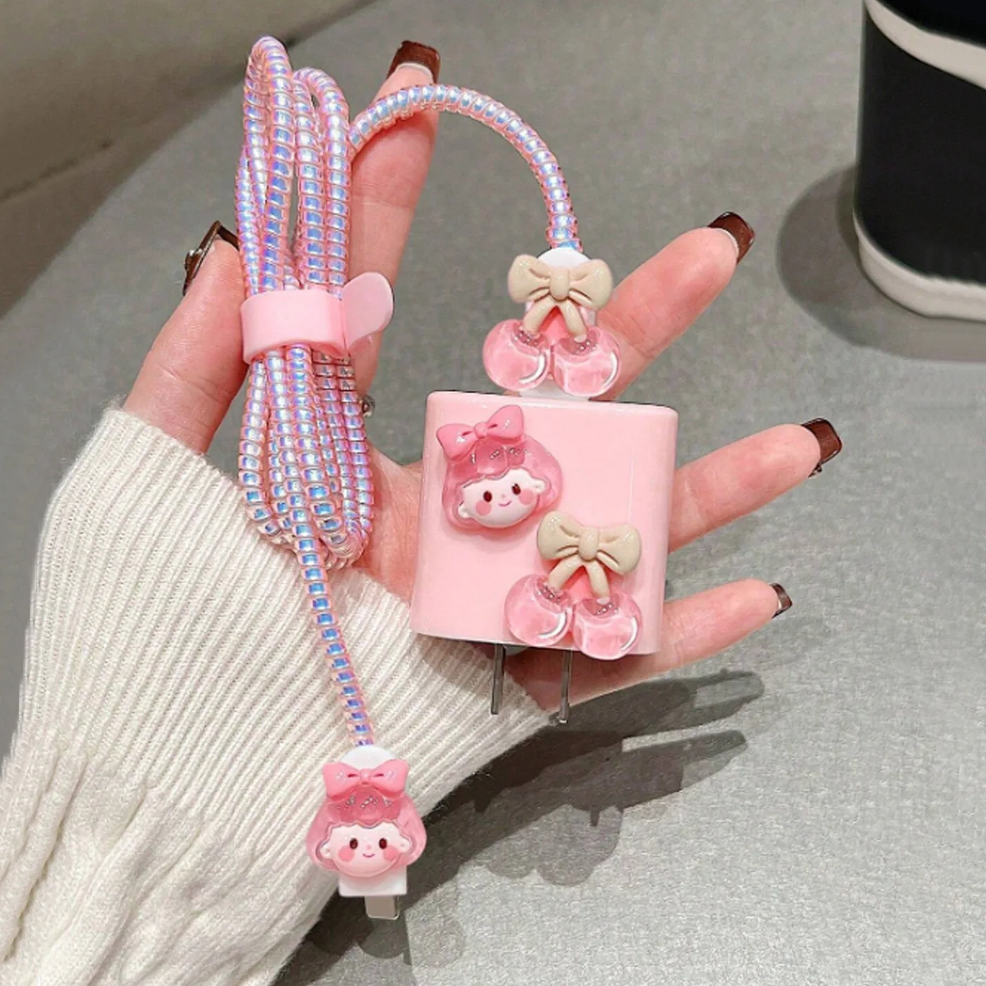 5Pcs Pink Cute Girl Data Charging Cable Protector For Apple iPhone 18W/20W Charger Case Cable Management Phone Wire Cord