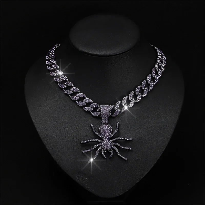 

Men Women Hip Hop White Crystal Spider Pendant Necklace With 13mm Chunky Cuban Chain Iced Out Bling Hipster Jewelry