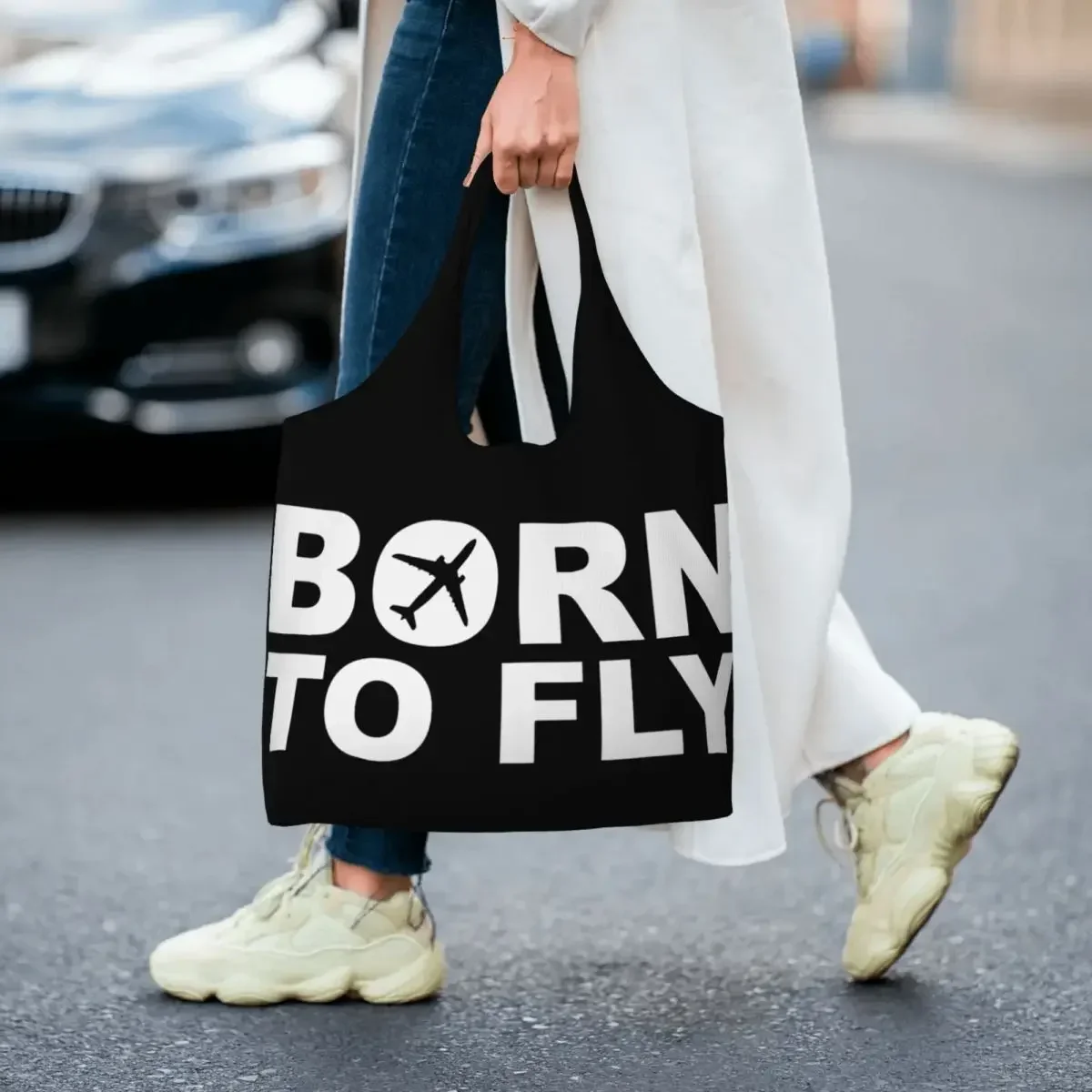 Born To Fly Flight Pilot Canvas Shopping Bag Portable Big Capacity Groceries Aviation Airplane Aviator Gift Shopper Tote Bags