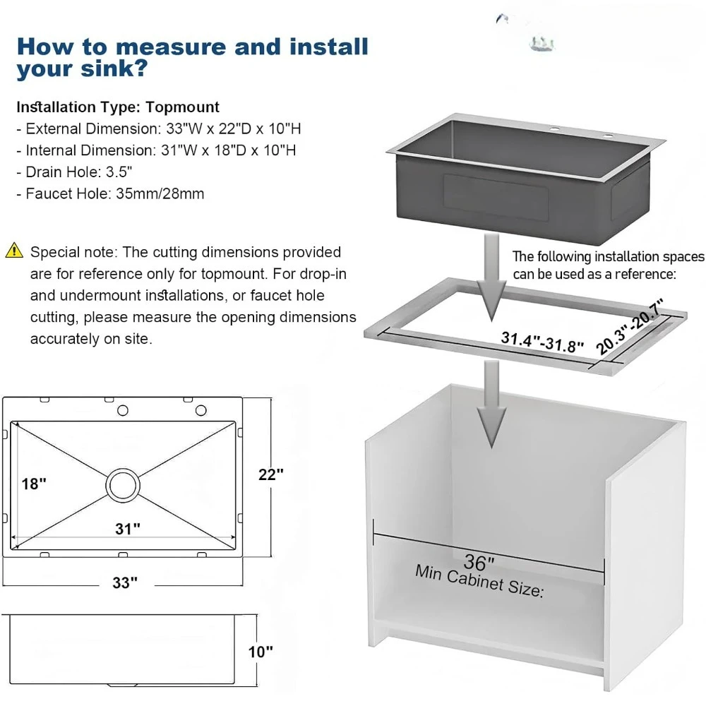 33x22 inch topmount of drop-in aanrechtwerk, roestvrijstalen spoelbak met enkele bak en afvoerpijp voor camper, voorbereidingskeuken