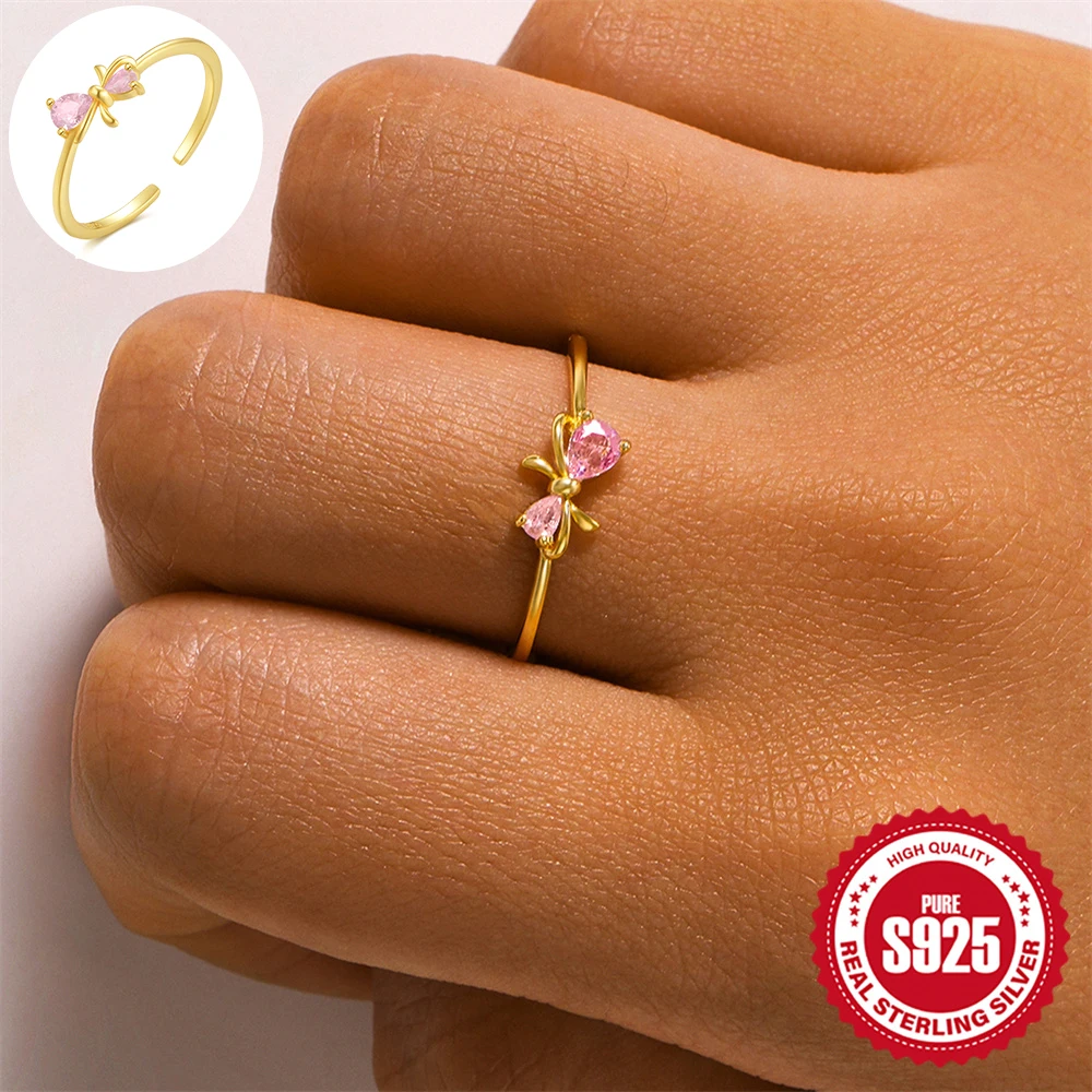 

ROXI 925 Sterling Silver Shine Bowknot Crystal Rings For Women Men Adjustable Party Wedding Engagement Jewelry Pink Color Gift