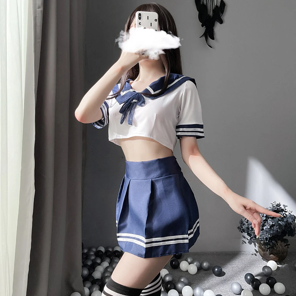 Kawaii Women Sexy Lingerie Student Uniform School Girl Cosplay Erotic Costume Dress Short Top Lace Miniskirt Outfit