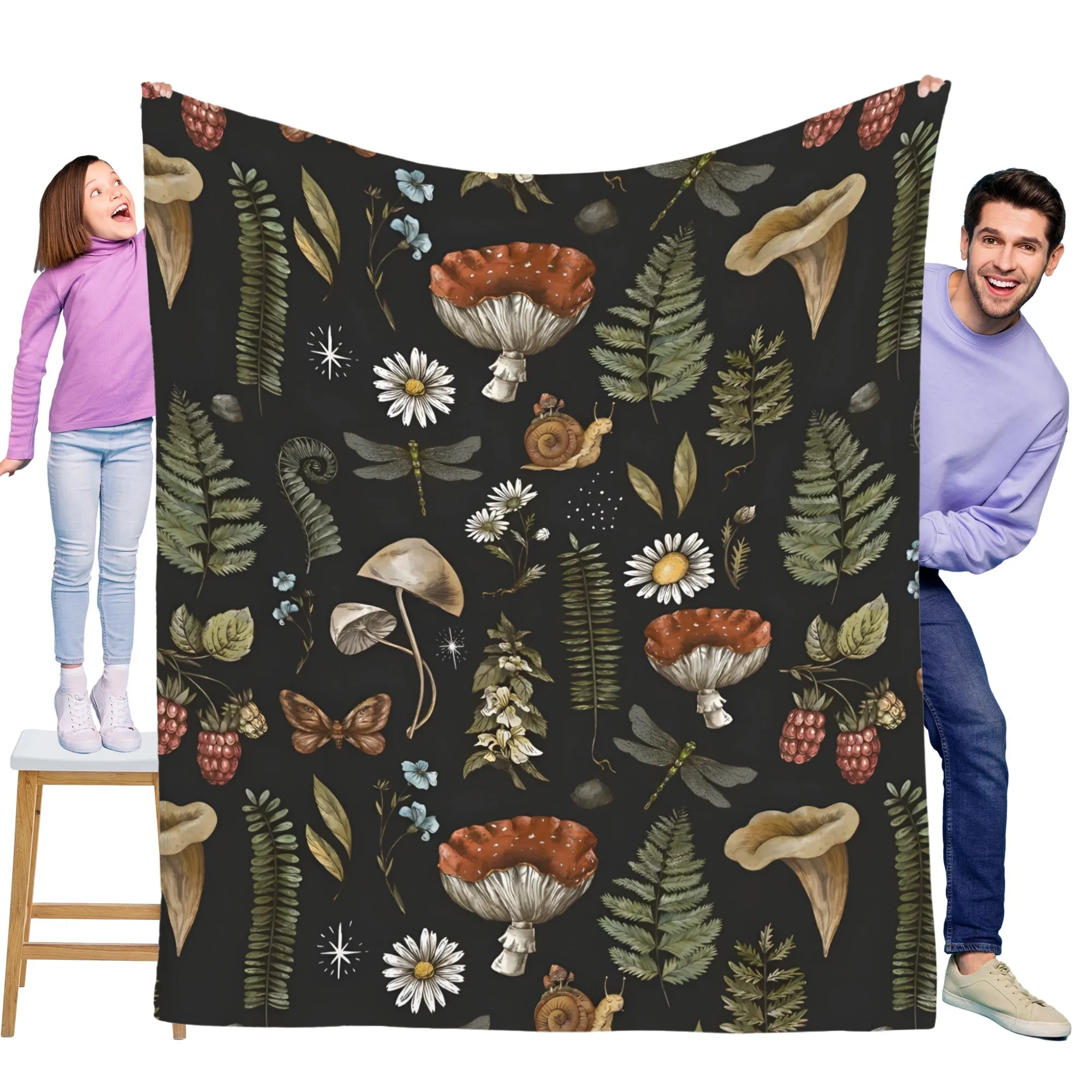 

Vintage forest mushroom insect flannel blanket is soft and warm, perfect for sofas, beds, offices, and travel