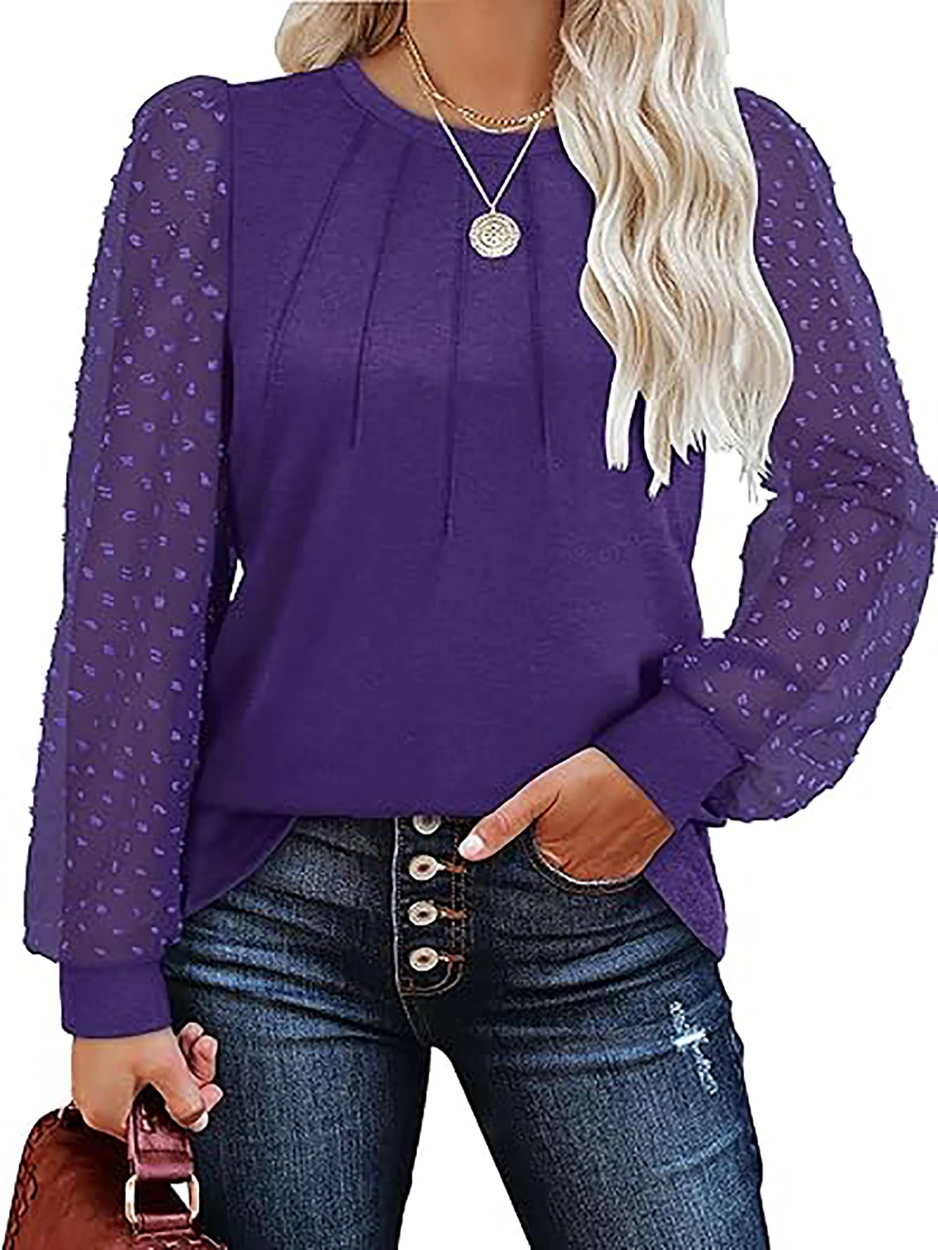 Aamikast Spring And Fall Solid Top Women’s Lace Long Sleeeve Shirt T-shirt Patchwork Round Neck Undershirt Purple Black 1XL-5XL