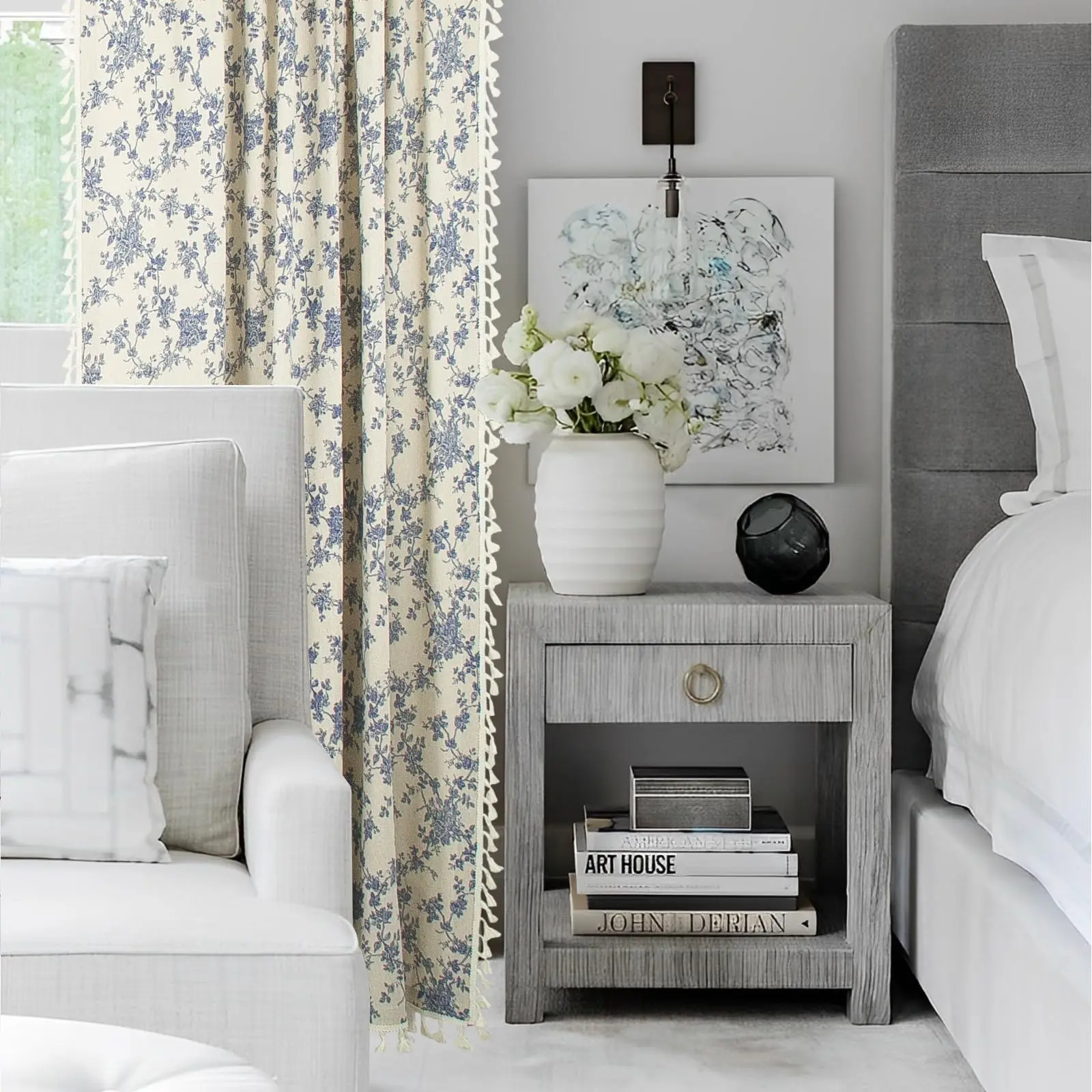 Floral Cotton Linen Curtains, Vintage Farmhouse Floral Patterned Country Curtains, Rod Pocket, Living Room Curtains with Tassel