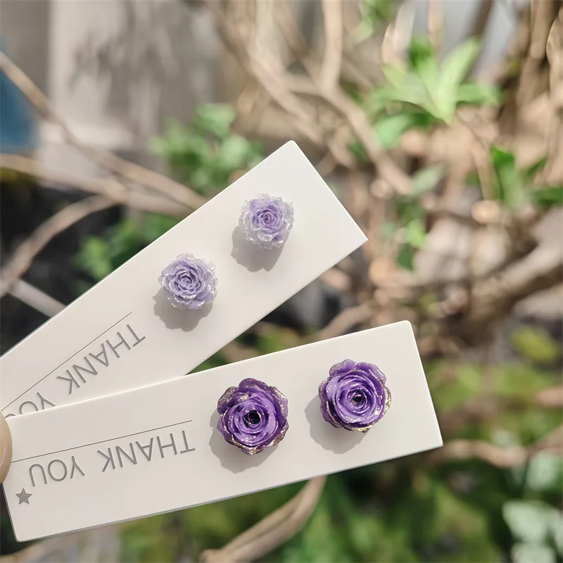 Magnetic Clip On Earrings No Piercing Rose Flower Gold Edge Purple Crystal Vintage for Women Girls Hypoallergenic Jewelry Gift