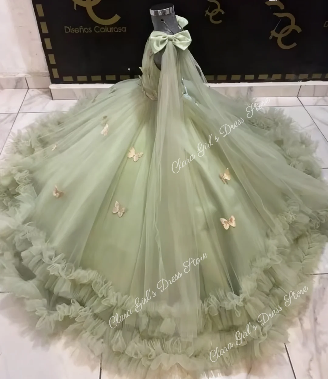 Vestido de lujo de flores para niña, tul verde de calidad, capas esponjosas para princesa pequeña, boda, fiesta de cumpleaños, vestidos de baile de noche