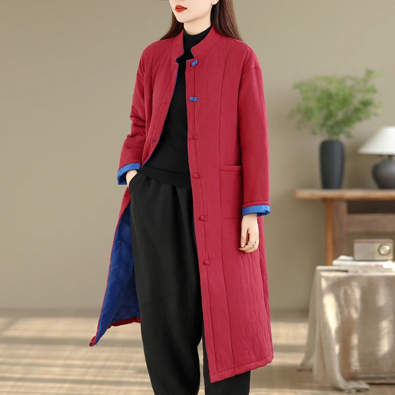 Sle chinês cor pura algodão jaet sobre o joelho casaco feminino de comprimento médio budista zen espírito faionable senhoras blusão