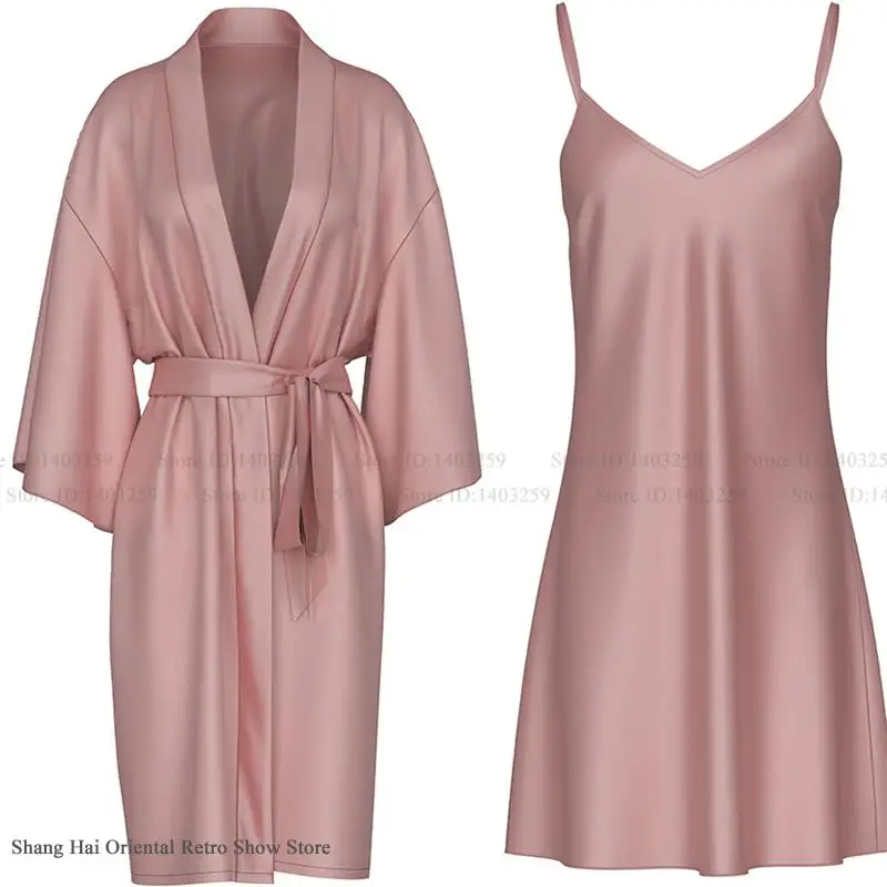 Pink Ice Silk Bride Wedding Robe Nightgown Sexy Lingerie Women Spaghetti Strap Nightdress Homewear Loose Bathrobe Loungewear
