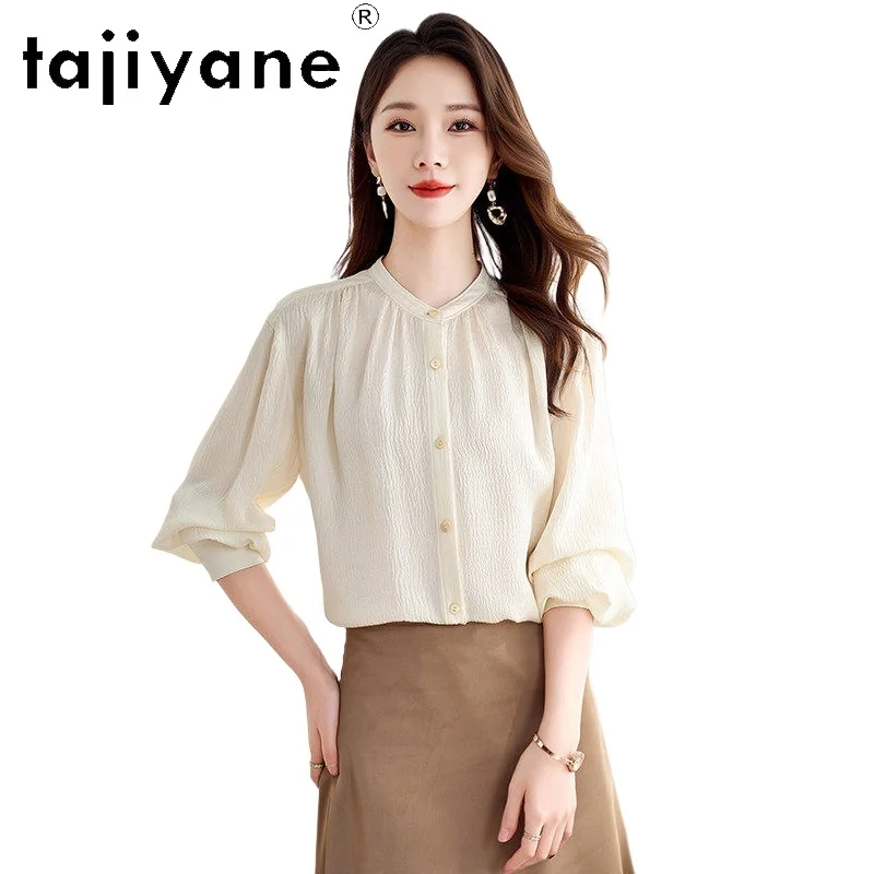 

TAJIYANE 14ММ 100% Шелковые рубашки из тутового шелкопряда для женщин, элегантная бежевая блузка, весенние женские топы, новинка 2026 года, женская одежда, рубашка
