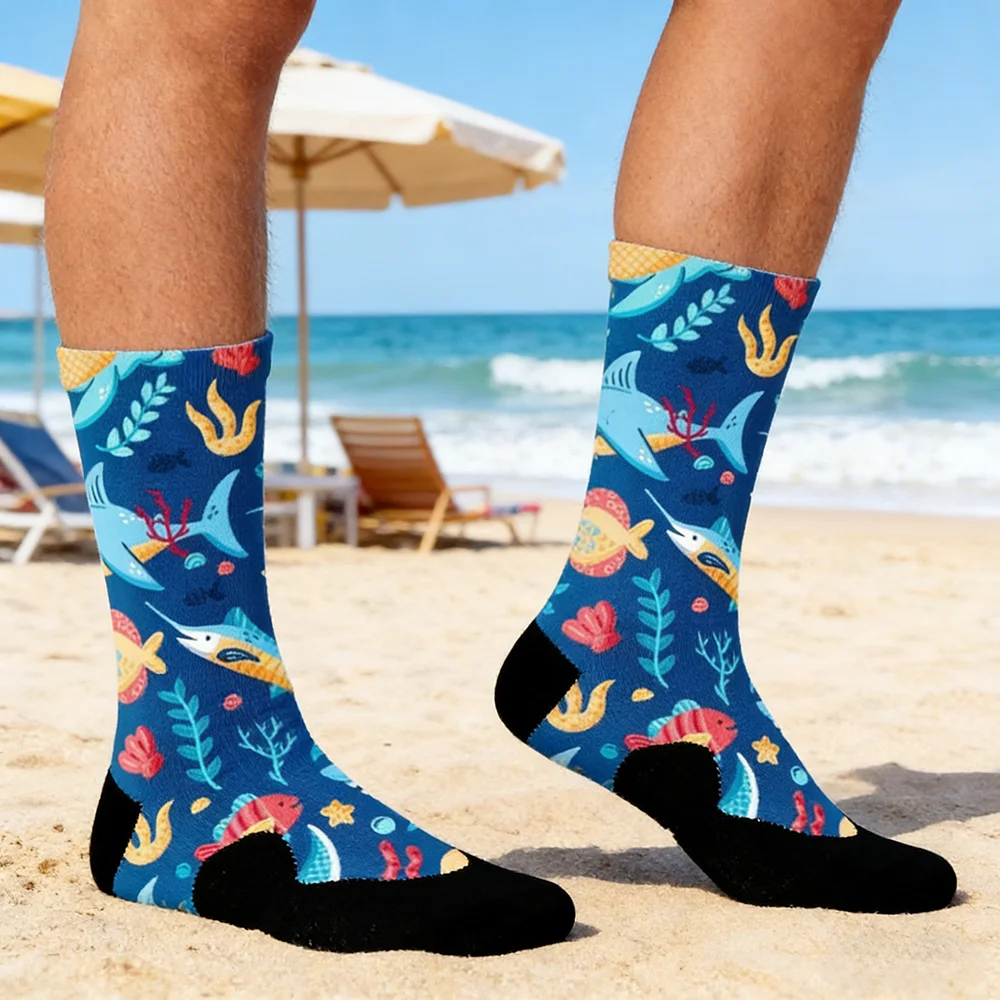 

Новые носки с животными принтами: мужские высокие хлопковые носки с изображением акулы и коалы, модные мультяшные носки, носки для велоспорта.