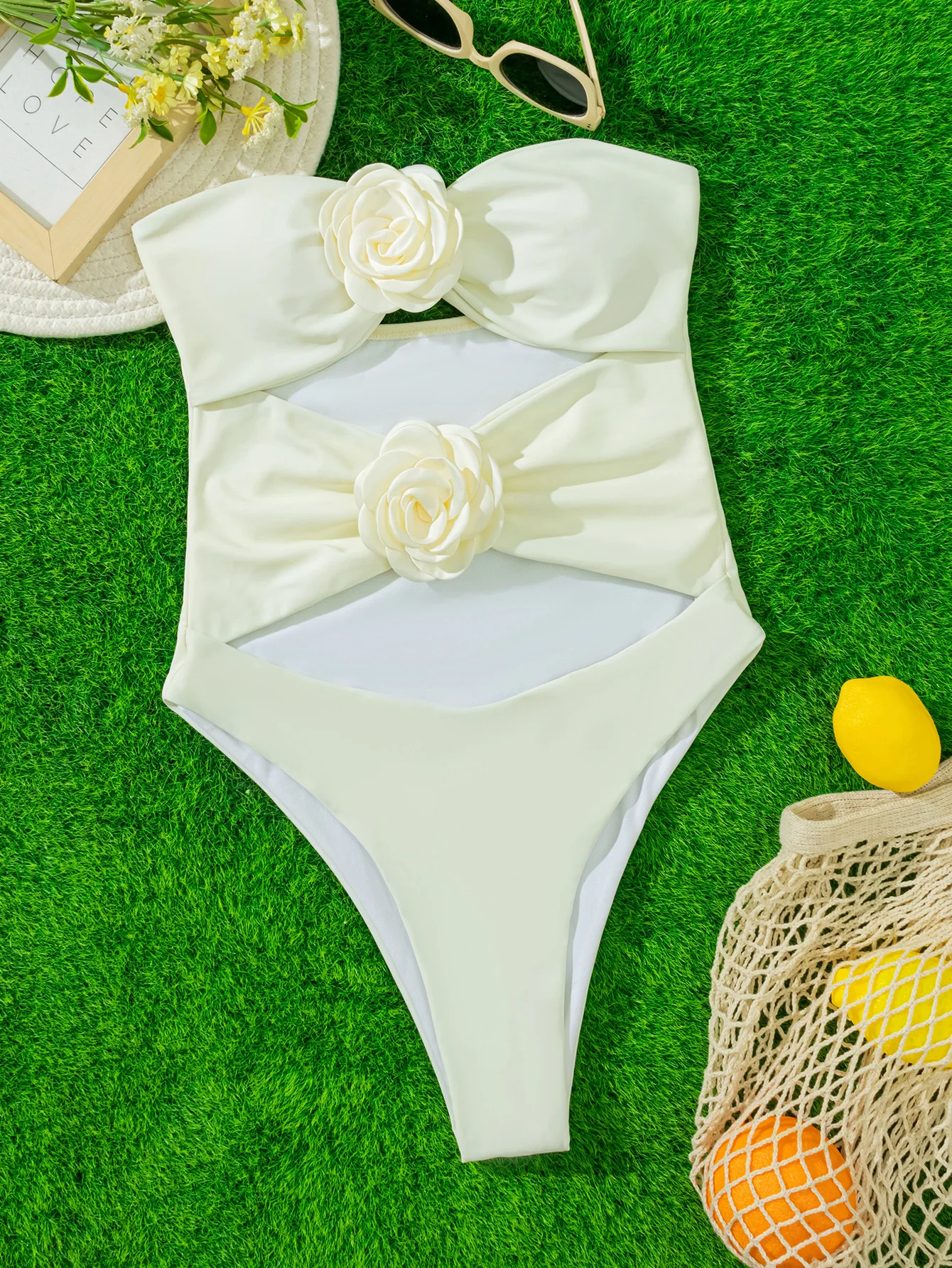 

sexy 3D flower beige bikinis one piece hollow out bandeau swimsuits bodysuits thong Swimwear Biquini conjunto de bikini tankini