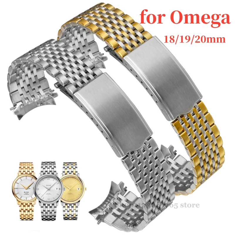 Correas de reloj de acero inoxidable sólido de extremo curvo para Omega Seamaster Speedmaster, pulsera de 18mm, 19mm y 20mm con cuentas de arroz