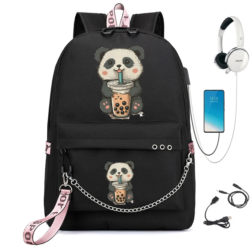 Kawaii School Bag Little Panda Drinking Boba Print School Backpack Students Cartoon School Bag Bookbag Children Teenager Bagpack